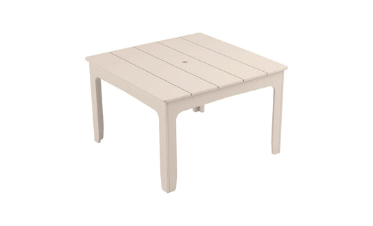 The Mainstay Square Dining Table by Ledge Lounger is beige with a slatted top and built-in umbrella sleeve. Its simple, straight legs enhance the minimalist design, making it ideal for outdoor dining.
