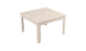 The Mainstay Square Dining Table by Ledge Lounger is beige with a slatted top and built-in umbrella sleeve. Its simple, straight legs enhance the minimalist design, making it ideal for outdoor dining.