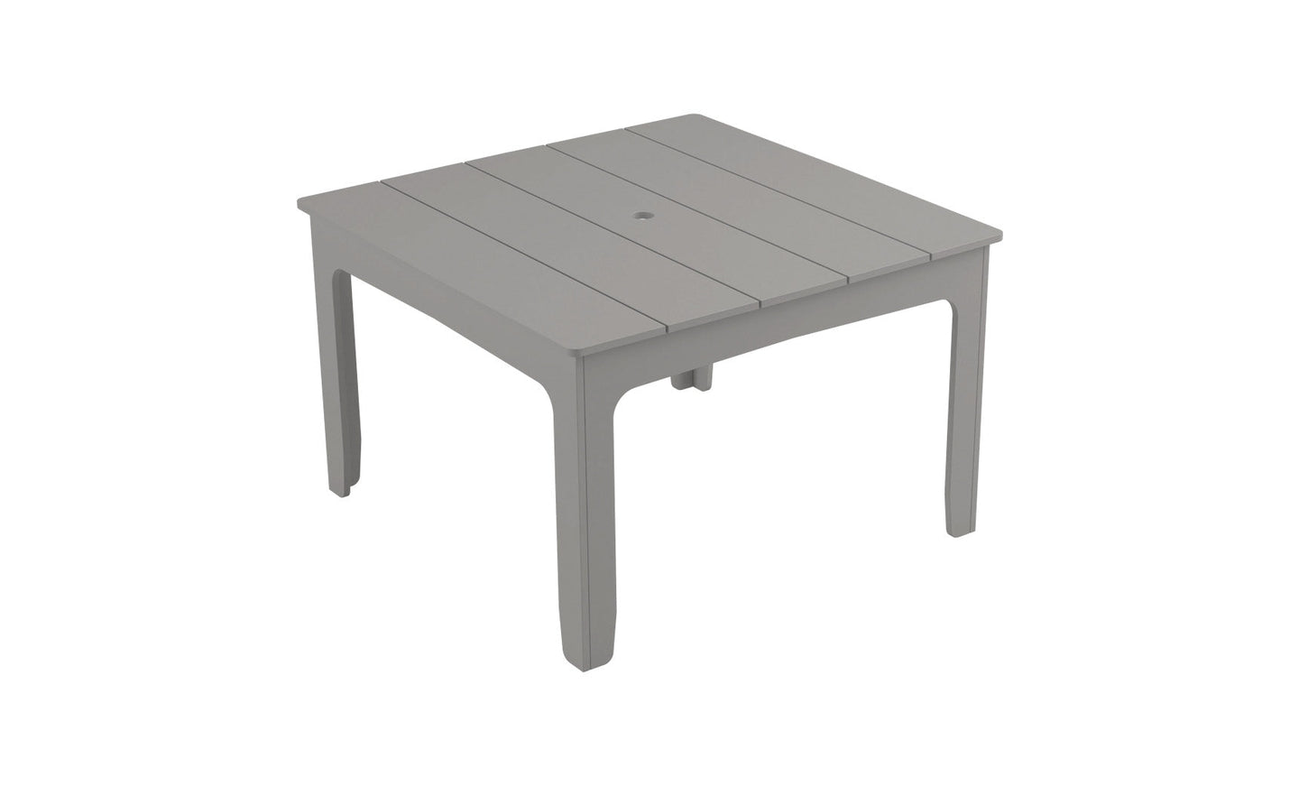 The Mainstay Square Dining Table by Ledge Lounger is light gray with a slatted top and built-in umbrella sleeve. Featuring four straight legs, it presents a simple, modern design ideal for outdoor dining.