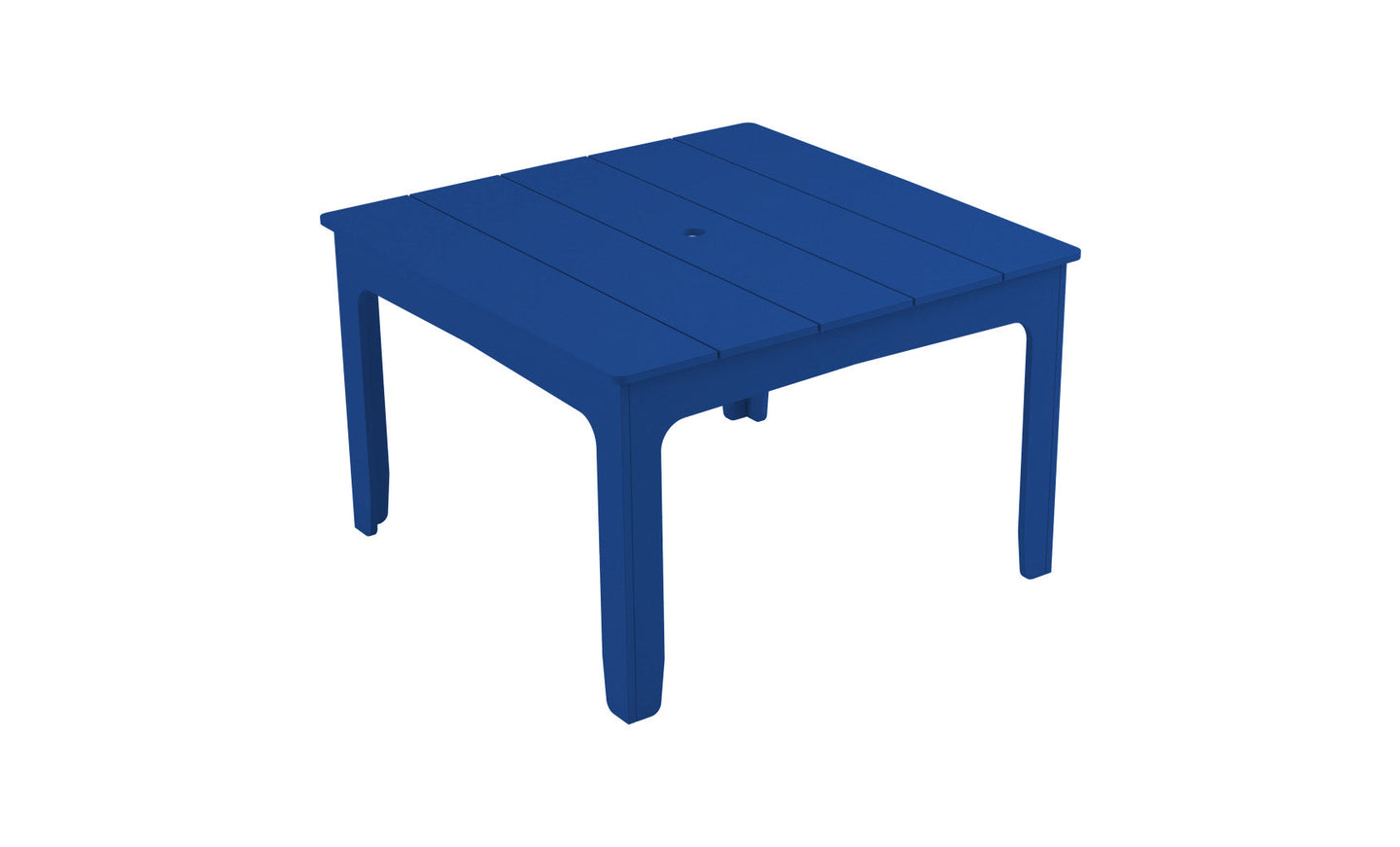 The Mainstay Square Dining Table by Ledge Lounger is a blue plastic dining table with four sturdy legs and a slatted surface, ideal for outdoor dining. It includes a built-in umbrella sleeve and is set against a plain white background.