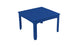 The Mainstay Square Dining Table by Ledge Lounger is a blue plastic dining table with four sturdy legs and a slatted surface, ideal for outdoor dining. It includes a built-in umbrella sleeve and is set against a plain white background.