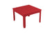 The Mainstay Square Dining Table by Ledge Lounger is a red plastic dining table with four straight legs and a simple slatted design. It features a central circular hole as an umbrella sleeve, making it lightweight and ideal for outdoor dining.