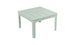 The Mainstay Square Dining Table by Ledge Lounger is a white, square outdoor dining table. Made of plastic with grooved slats on the tabletop, it features four straight legs and a central circular hole for an umbrella.