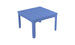 The Mainstay Square Dining Table by Ledge Lounger is a blue, slatted square table with straight legs, perfect for outdoor dining. It includes a small center hole for an umbrella sleeve and is shown from an elevated angle against a white background.