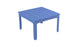 The Mainstay Square Dining Table by Ledge Lounger is a blue, slatted square table with straight legs, perfect for outdoor dining. It includes a small center hole for an umbrella sleeve and is shown from an elevated angle against a white background.