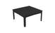 Introducing the Mainstay Square Dining Table by Ledge Lounger, a sleek black outdoor piece perfect for al fresco dining. With a simple design and slatted pattern tabletop featuring an umbrella sleeve, it features four straight legs. The clean look is complemented by its plain white background.