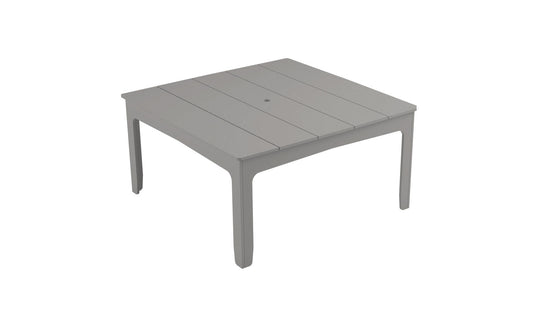 The Mainstay Square Dining Table by Ledge Lounger features a gray plastic slatted top with a built-in umbrella sleeve and straight legs, offering a simple yet functional design ideal for outdoor dining.