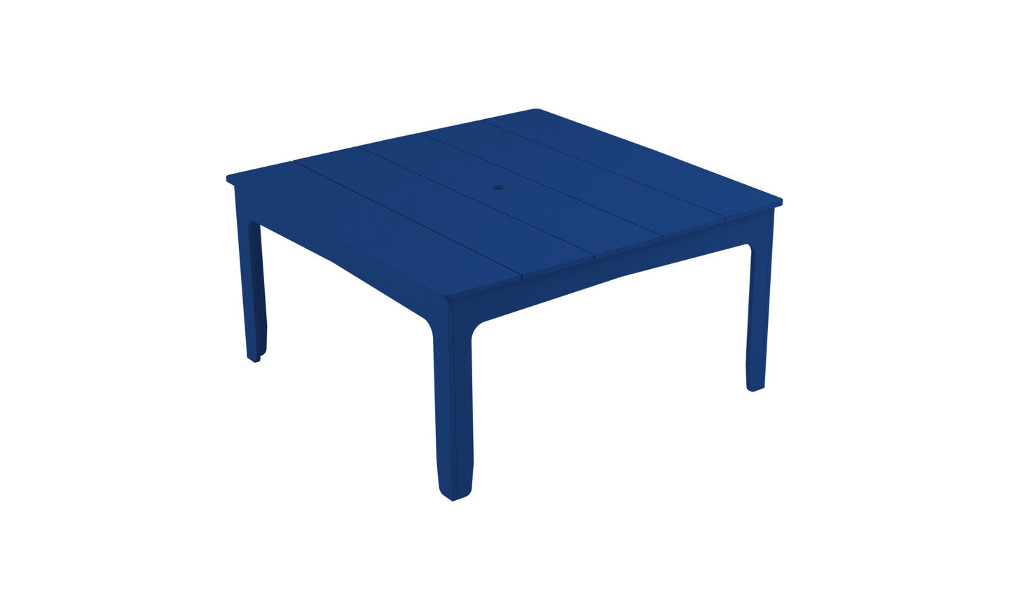 The Mainstay Square Dining Table by Ledge Lounger is a blue, four-legged outdoor dining table with a slatted tabletop and built-in umbrella sleeve, set against a white background.