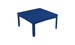 The Mainstay Square Dining Table by Ledge Lounger is a blue, four-legged outdoor dining table with a slatted tabletop and built-in umbrella sleeve, set against a white background.