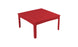 The Mainstay Square Dining Table by Ledge Lounger is a red, square table with a slatted top and four straight legs. It features a built-in umbrella sleeve, set against a plain white background, making it perfect for outdoor dining.