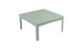 The Mainstay Square Dining Table by Ledge Lounger is a light green, plastic outdoor table with a slatted design, tapered legs, and a central hole with an umbrella sleeve, ideal for alfresco dining.