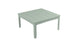 The Mainstay Square Dining Table by Ledge Lounger is a light green, plastic outdoor table with a slatted design, tapered legs, and a central hole with an umbrella sleeve, ideal for alfresco dining.