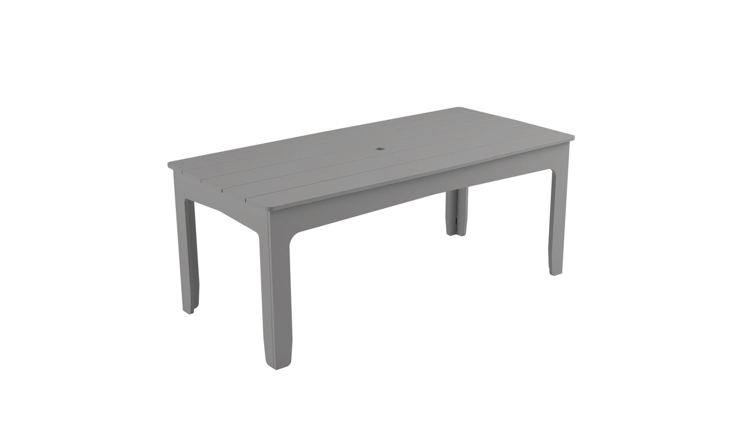 The Mainstay Rectangular Dining Table by Ledge Lounger is a light gray table with a slatted top and straight legs, ideal for outdoor meals. It has a central hole with an umbrella sleeve for shade. Set against a white backdrop, its sleek design stands out.