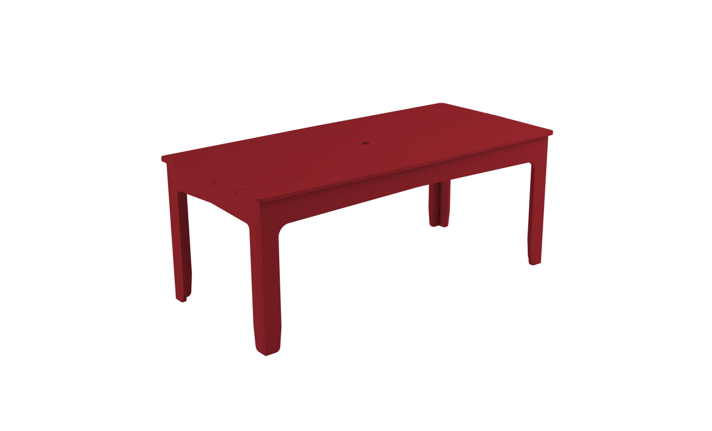 The Ledge Lounger Mainstay Rectangular Dining Table is a red outdoor dining table with four straight legs and a smooth surface, featuring an umbrella sleeve, set against a plain white background.