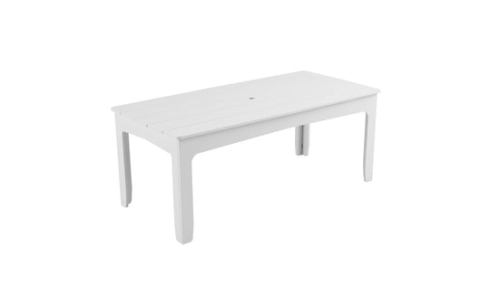 The Mainstay Rectangular Dining Table by Ledge Lounger is a minimalist white table with four legs, a smooth top, and a central hole for an umbrella sleeve. Ideal for outdoor dining, its shown against a plain white background.