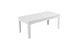 The Mainstay Rectangular Dining Table by Ledge Lounger is a minimalist white table with four legs, a smooth top, and a central hole for an umbrella sleeve. Ideal for outdoor dining, its shown against a plain white background.