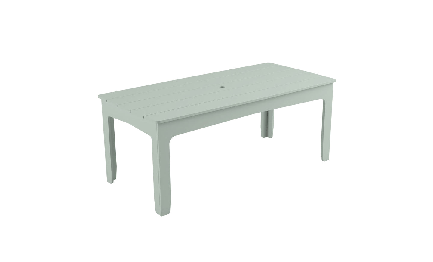 The Mainstay Rectangular Dining Table by Ledge Lounger is light green with a slatted top and sturdy four-leg design. It has a central hole for an umbrella sleeve, perfect for outdoor dining, and is set against a plain white background.