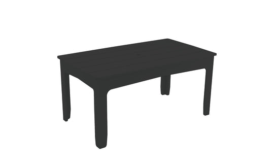 The Mainstay Rectangular Dining Table by Ledge Lounger is a sleek black table with a slatted top and four sturdy legs, featuring a central umbrella sleeve. Ideal for outdoor dining, it blends practicality with elegance and is set against a plain white background.