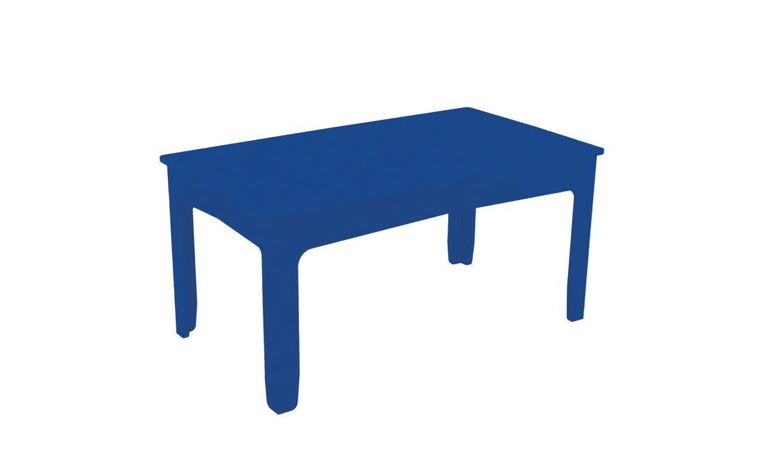 A simple blue rectangular Mainstay Dining Table by Ledge Lounger, featuring four legs, is set against a plain white background, capturing the charm of casual outdoor dining.