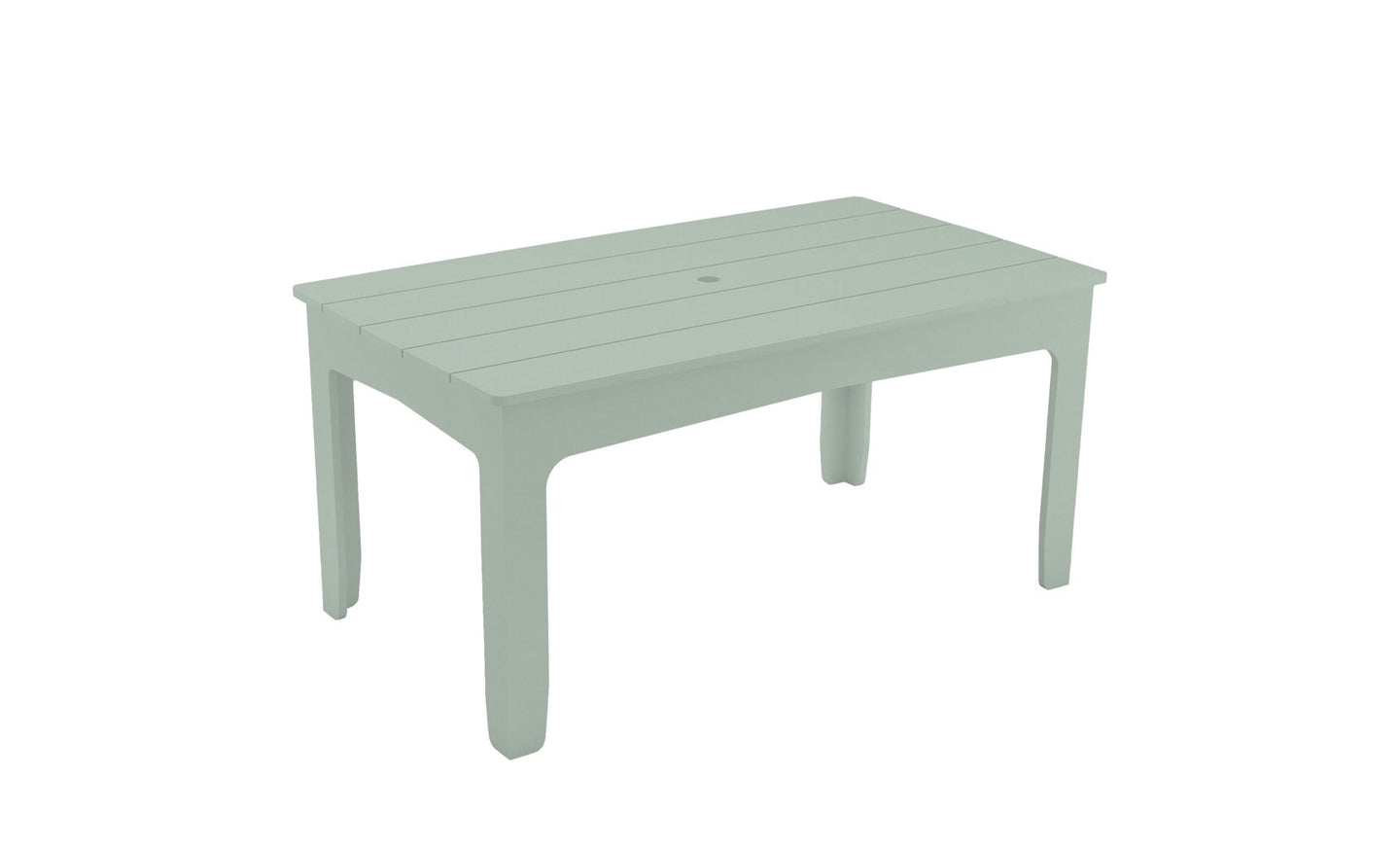 The Mainstay Rectangular Dining Table by Ledge Lounger is a mint green dining table with a slatted top and four straight legs, featuring a central hole ideal for an umbrella sleeve. Its simple, modern design makes it perfect for outdoor dining.