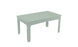 The Mainstay Rectangular Dining Table by Ledge Lounger is a mint green dining table with a slatted top and four straight legs, featuring a central hole ideal for an umbrella sleeve. Its simple, modern design makes it perfect for outdoor dining.