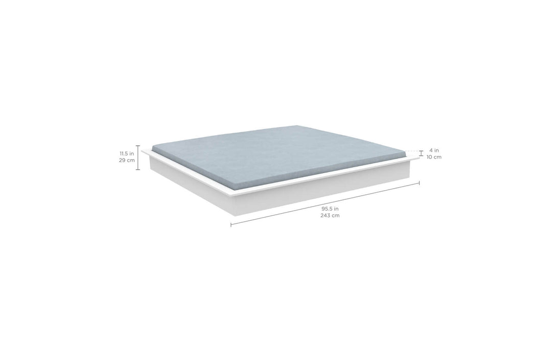 A 3D rendering of Ledge Loungers Echo Sunbed features a light blue mattress on a white base, perfect for relaxation. The base measures 95.5 x 115 inches, and the mattress height is 4 inches, making it ideal for any outdoor space.