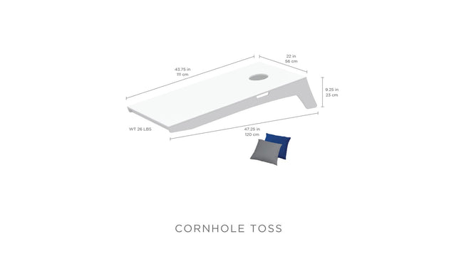 Illustration of a portable Ledge Lounger Cornhole board (47.75 L x 24 W x 9.25 H, 24.6 lbs) with gray and blue bean bags. Text reads Cornhole Toss, highlighting the ideal bean bag toss experience for any setting.