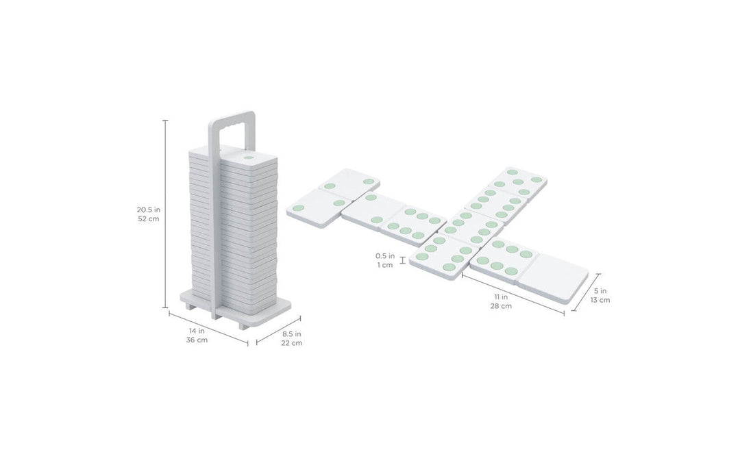 Ledge Loungers Dominoes set features a towering stack of rectangular tiles, resembling giant dominoes, that stands 20.5in tall and is 14in wide and deep. Each high-quality tile in the lawn game set measures 11in long, 5in wide, and 0.5in thick.