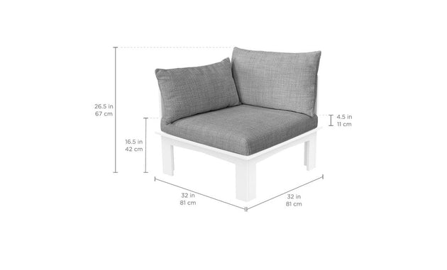 The Mainstay Sectional Relaxed Right Armchair by Ledge Lounger features a gray cushion and white frame, adaptable for any space. It has dimensions of 26.5 in height, a seat height of 16.5, cushion thickness of 4.5, and both width and depth are 32.