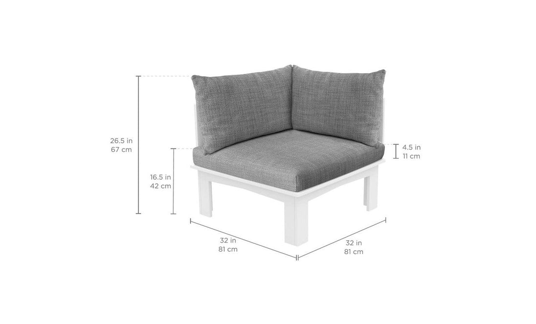The Mainstay Sectional Relaxed Left Corner by Ledge Lounger is a gray corner chair with a white frame, featuring a cushioned seat and backrest. It measures 32 inches wide and deep, 26.5 inches tall, with 4.5-inch thick cushions and a seat height of 16.5 inches—perfect for versatile arrangements.