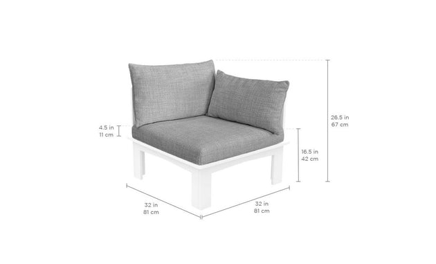 Explore the Ledge Lounger Mainstay Sectional Relaxed Left Armchair with light gray cushions on a sleek white frame, measuring 26.5 in (67 cm) high and 32 in (81 cm) wide and deep. It features a back cushion of 16.5 in (42 cm) and side cushions of 4.5 in (11 cm), perfect for customizable seating layouts.