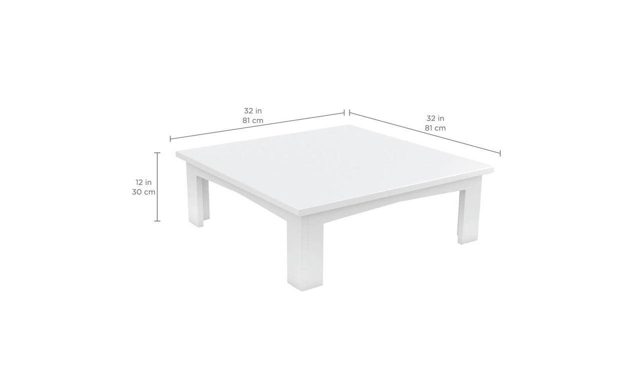 The Mainstay Sectional Relaxed Endcap by Ledge Lounger is a white square coffee table, ideal for relaxing, measuring 32 inches (81 cm) per side and 12 inches (30 cm) high. Its simple straight legs and smooth surface blend effortlessly with any indoor or outdoor space.