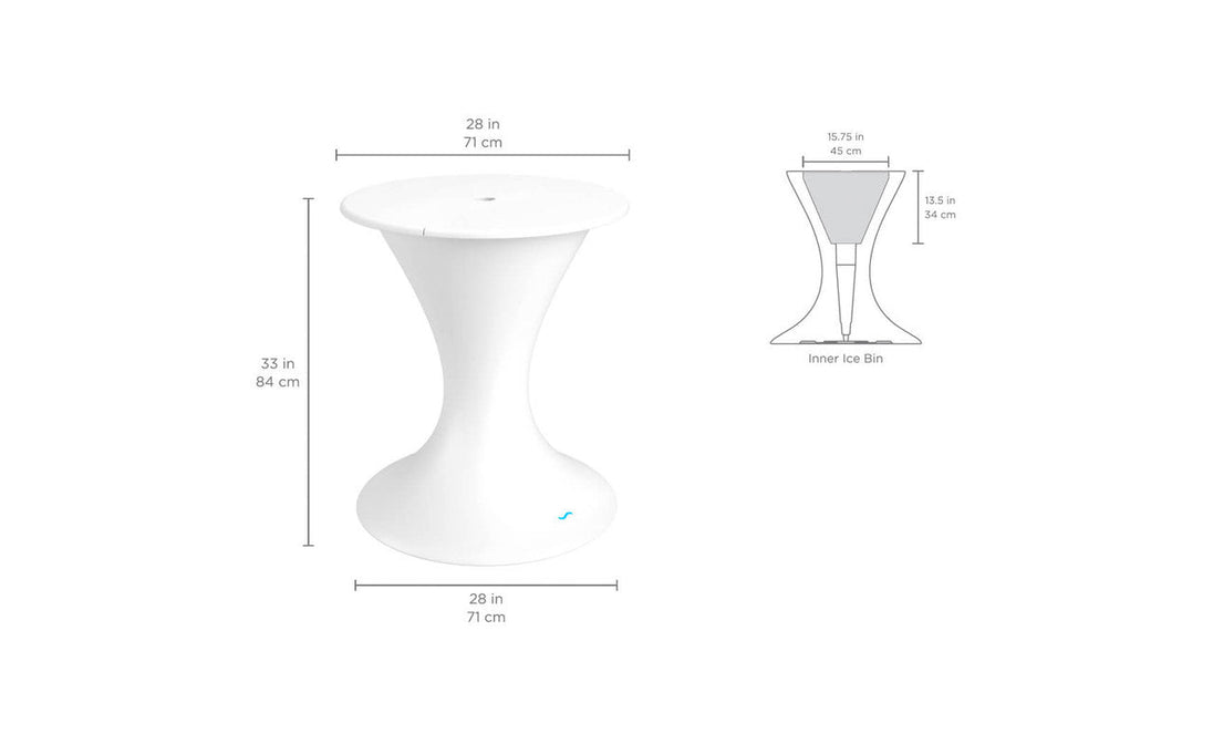 The Autograph Umbrella Stand Ice Bin by Ledge Lounger is a stylish white, hourglass-shaped outdoor table with a smooth surface, standing 33 in/84 cm tall and 28 in/71 cm wide. An inset diagram highlights a built-in ice bin, measuring 16.5 in/42 cm tall and 17.5 in/45 cm wide, ideal for keeping patio drinks cool.