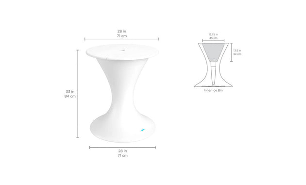 The Autograph Umbrella Stand Ice Bin by Ledge Lounger is a stylish white, hourglass-shaped outdoor table with a smooth surface, standing 33 in/84 cm tall and 28 in/71 cm wide. An inset diagram highlights a built-in ice bin, measuring 16.5 in/42 cm tall and 17.5 in/45 cm wide, ideal for keeping patio drinks cool.