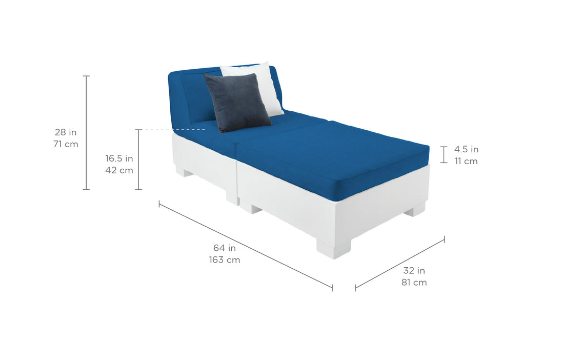 The Affinity 2 Piece Sun Chair by Ledge Lounger features a durable white base, UV20-rated resin, blue cushions, and two pillows (one white, one dark gray). Ideal for outdoor settings, it measures 28H x 64L x 32W with 4.5 thick cushions.