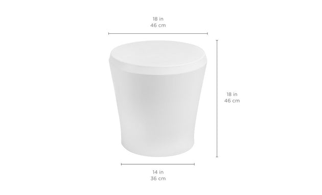 Introducing the Ledge Lounger Affinity Side Table, a white cylindrical stool with a smooth finish. Standing 18 inches tall and 14 inches in diameter, its slightly tapered design makes it an ideal outdoor accessory for poolside relaxation or versatile seating options.