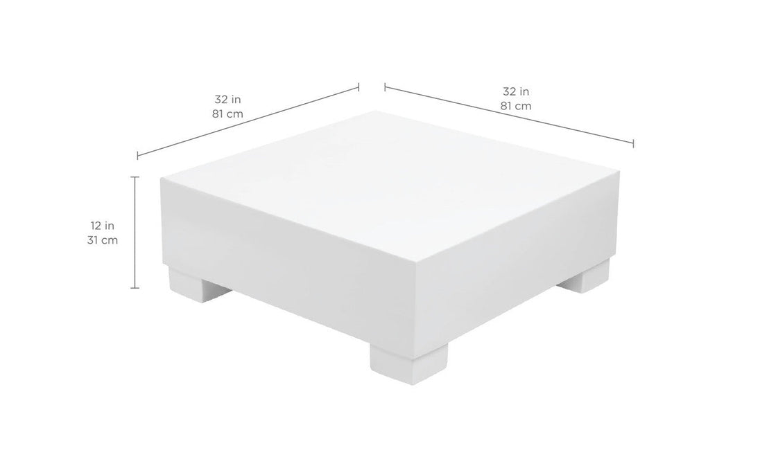 The Signature Sectional Endcap by Ledge Lounger is a white, square pedestal measuring 32 inches in width and length, and 12 inches in height. Featuring four short rectangular legs with rounded corners, its perfect as an ottoman or sectional endcap for versatile style.