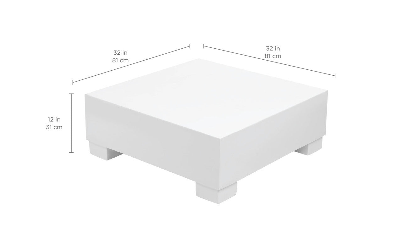 The Signature Sectional Endcap by Ledge Lounger is a white, square pedestal measuring 32 inches in width and length, and 12 inches in height. Featuring four short rectangular legs with rounded corners, its perfect as an ottoman or sectional endcap for versatile style.