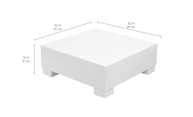 The Signature Sectional Endcap by Ledge Lounger is a white, square pedestal measuring 32 inches in width and length, and 12 inches in height. Featuring four short rectangular legs with rounded corners, its perfect as an ottoman or sectional endcap for versatile style.