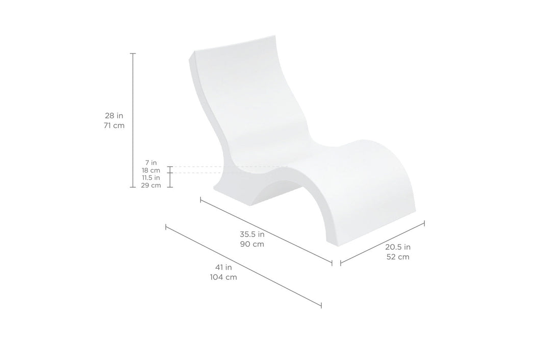 Introducing Ledge Loungers Signature Lowback Chair: a chic, white, S-shaped design with curved contours, perfect for poolside seating. Dimensions are 28 in/71 cm high, 35.5 in/90 cm long, 20.5 in/52 cm wide, with a seat height of 7 in/18 cm and depth of 11.5 in/29 cm—ideal for your space.