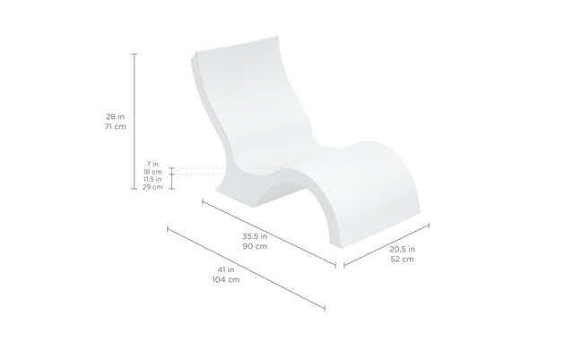 Introducing Ledge Loungers Signature Lowback Chair: a chic, white, S-shaped design with curved contours, perfect for poolside seating. Dimensions are 28 in/71 cm high, 35.5 in/90 cm long, 20.5 in/52 cm wide, with a seat height of 7 in/18 cm and depth of 11.5 in/29 cm—ideal for your space.