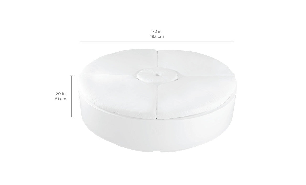Introducing the Signature Round Sunbed by Ledge Lounger—a spacious, round white ottoman ideal for outdoor relaxation. With a tufted center and stitched sections, it measures 72 in diameter and 20 in height, providing a smooth, cushioned surface for ultimate comfort.