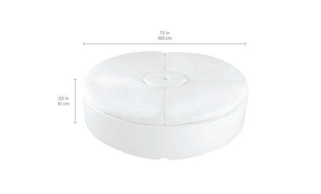 Introducing the Signature Round Sunbed by Ledge Lounger—a spacious, round white ottoman ideal for outdoor relaxation. With a tufted center and stitched sections, it measures 72 in diameter and 20 in height, providing a smooth, cushioned surface for ultimate comfort.