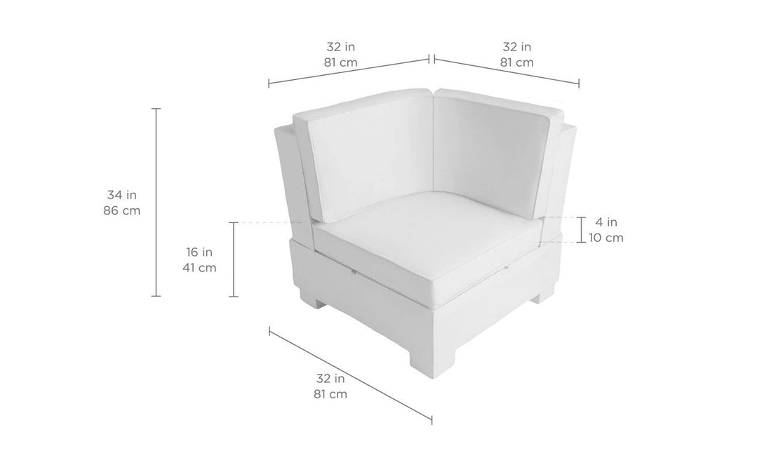 The Signature Sectional Corner by Ledge Lounger is a white modular corner chair featuring cushioned back and seat. Ideal for pairing with tables or ottomans, it measures 32 W x 32 D x 34 H with a 16 seat height and has plush 4 cushion thickness.