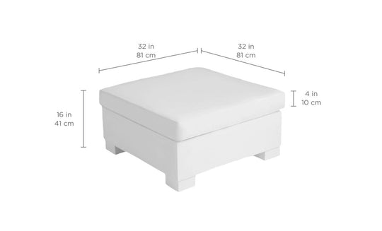 The Ledge Lounger Signature Sectional Ottoman features a one-piece base, square design, and flat top cushion. It measures 32 inches (81 cm) in length and width, 16 inches (41 cm) in height, with a cushion thickness of 4 inches (10 cm).