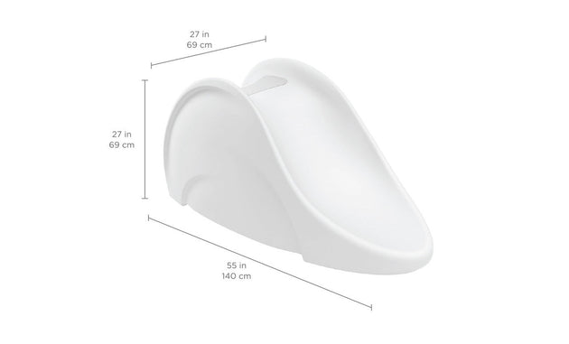 Experience the thrill of the Ledge Lounger Signature Slide, a spacious white pool slide with a smoothly curved design, measuring 55 inches in length and 27 inches in height—ideal for splash landings on your tanning ledge. Dimensions are elegantly showcased beside it.