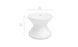 A white, hourglass-shaped stool is shown. It has smooth, rounded edges with a small circular indentation on the top. Measurements are provided, indicating its height as 14 inches (36 cm) and its diameter as 18 inches (46 cm).