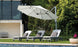 By the pool, three gray lounge chairs with Legacy Chaise Cushions from Ledge Lounger are set under a large white patio umbrella. The lush green setting has a modern building in the background and a potted plant with pink flowers on the right, highlighting premium outdoor fabric for customization.