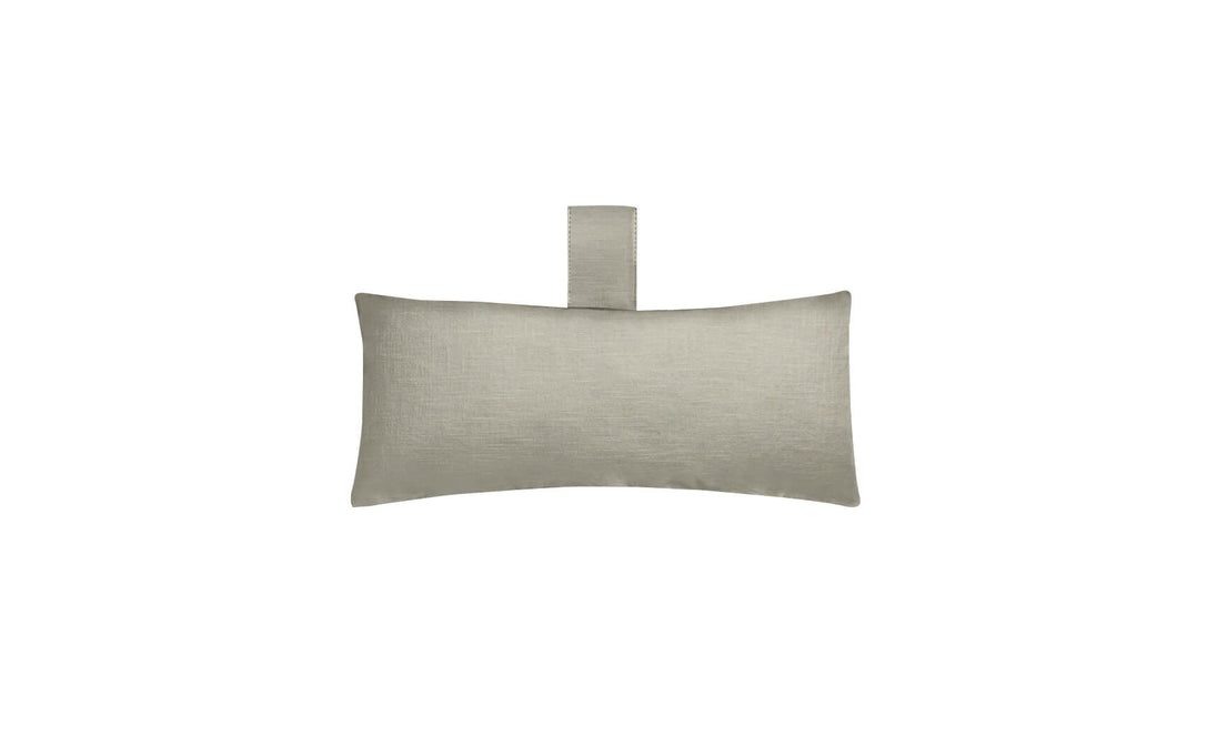 The Ledge Lounger Autograph Headrest Pillow, in light grey marine-grade fabric, features a textured surface for durability and comfort. Its perfect for in-pool relaxation and includes a matching fabric loop for hanging. The image displays it on a plain white background.