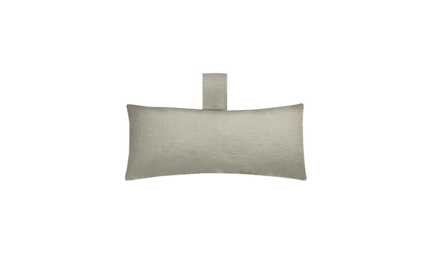 The Ledge Lounger Autograph Headrest Pillow, in light grey marine-grade fabric, features a textured surface for durability and comfort. Its perfect for in-pool relaxation and includes a matching fabric loop for hanging. The image displays it on a plain white background.